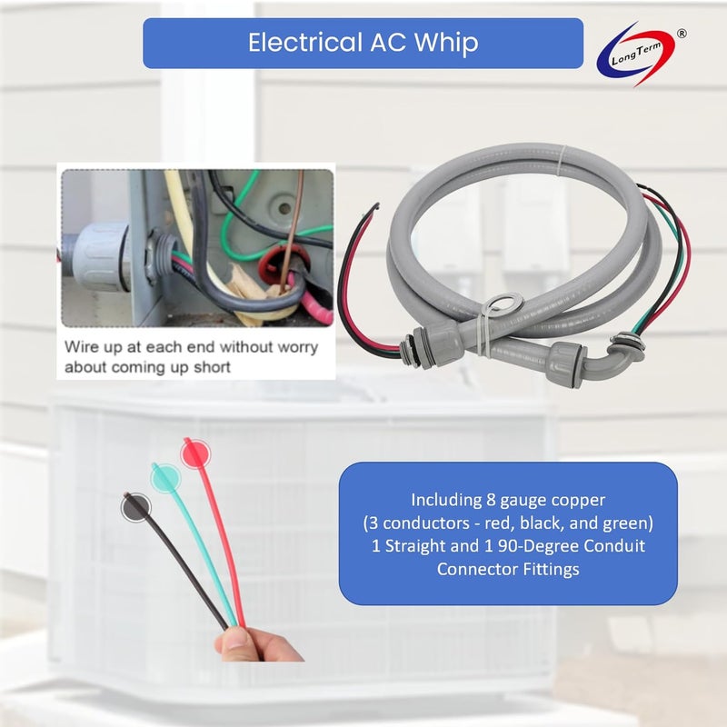 long term Electrical AC Whip Assembly -3/4" x 6ft Non-Metallic Liquid Tight Electrical Conduit and 8 Gauge Wire A/C Hook-up Whip Kit - Image 3